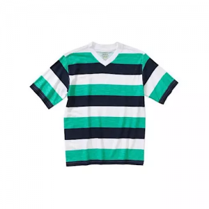 Faded Glory Boys Rugby Stripe V-Neck Tee - Navy Blue, Green & White