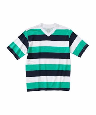 Faded Glory Boys Rugby Stripe V-Neck Tee - Navy Blue, Green & White