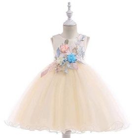 Girls Special Occasion 3D Floral Dress-Champagne