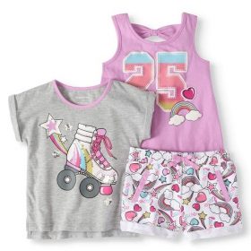 Healthtex Toddler Girl T-Shirt, Back-Bow Tank Top & Shorts, 3Pc Outfit Set
