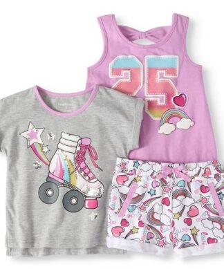 Healthtex Toddler Girl T-Shirt, Back-Bow Tank Top & Shorts, 3Pc Outfit Set