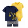 Carter’s Baby Boy’s 3 Piece Striped Yellow Bodysuit, Digger-print T-shirt & Shorts Set