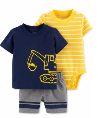 Carter’s Baby Boy’s 3 Piece Striped Yellow Bodysuit, Digger-print T-shirt & Shorts Set