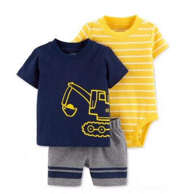 Carter’s Baby Boy’s 3 Piece Striped Yellow Bodysuit, Digger-print T-shirt & Shorts Set