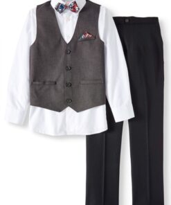 Wonder Nation Boys Suit Charcoal Birdseye 4-Piece Dressy Vest Set with Bow Tie and Hanky