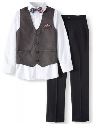 Wonder Nation Boys Suit Charcoal Birdseye 4-Piece Dressy Vest Set with Bow Tie and Hanky
