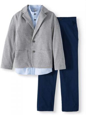 Wonder Nation Boy Blazer Suit 3 Pcs Outfit -Grey, Blue Shirt