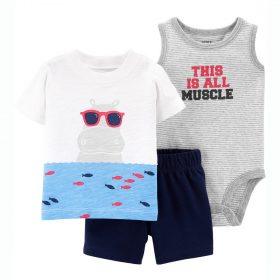 Carter's Baby Boy's 3 Piece Hippo Little Shirt, Bodysuit & Short Set