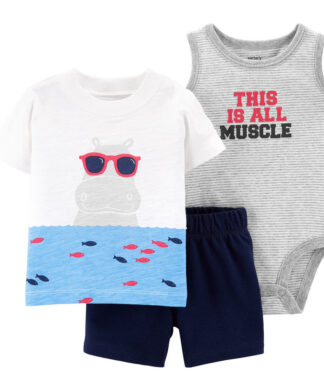 Carter's Baby Boy's 3 Piece Hippo Little Shirt, Bodysuit & Short Set