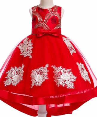 Girls Special Occasion Hi Lo Dress- Red Brocade