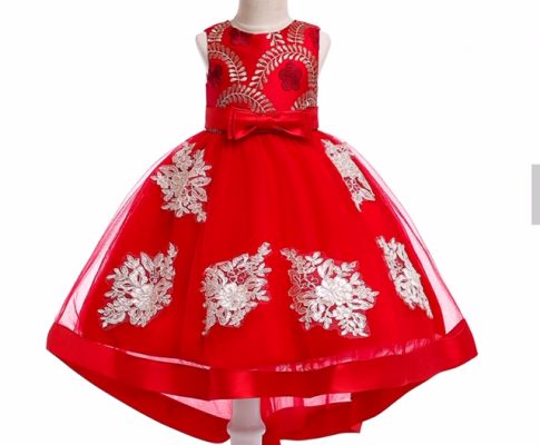 Girls Special Occasion Hi Lo Dress- Red Brocade