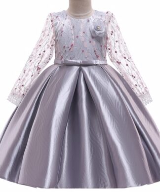 Girls Special Occasion Pleated Dress With Lace Bodice- Grey
