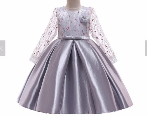 Girls Special Occasion Pleated Dress With Lace Bodice- Grey
