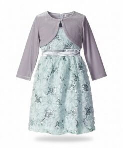 Bluberi Boulevard Girls Rosette Sequin Soutache Dress - Green & Grey