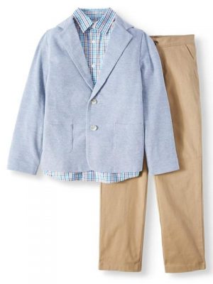 Wonder Nation Boys Suit Blazer, Plaid Shirt And Twill Pull-On Pants 3-Pcs Dressy Set: