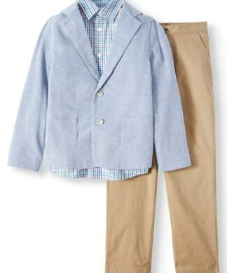 Wonder Nation Boys Suit Blazer, Plaid Shirt And Twill Pull-On Pants 3-Pcs Dressy Set: