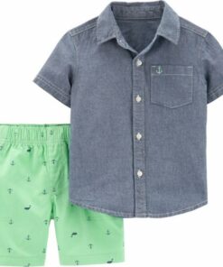 Carter's Boys' 2 Piece Chambray Shirt Nautical Whale Mint Green Shorts