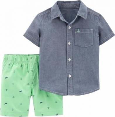 Carter's Boys' 2 Piece Chambray Shirt Nautical Whale Mint Green Shorts