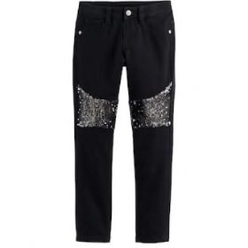 TRENDY SEQUINED KNEE GIRLS JEGGINGS-BLACK PANT TROUSER