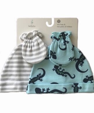 Lullaby Lane Baby Boy Newborn Cap Hat & Mitten Set 4 Pcs Set