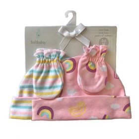 Lullaby Lane Baby Girl Newborn Cap Hat & Mitten Set 4 Pcs Set