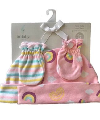 Lullaby Lane Baby Girl Newborn Cap Hat & Mitten Set 4 Pcs Set