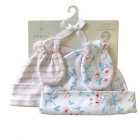Lullaby Lane Baby Girl Newborn Cap Hat & Mitten Set 4 Pcs Set.