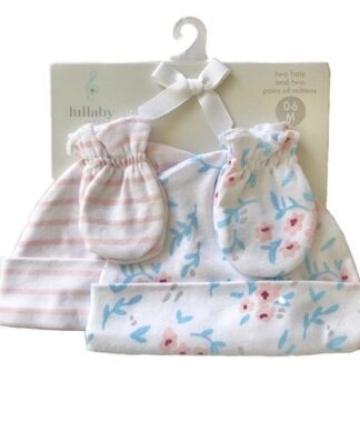 Lullaby Lane Baby Girl Newborn Cap Hat & Mitten Set 4 Pcs Set.