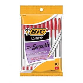 Bic Cristal Xtra Smooth Ball Pen Biro, Medium Point 1.0mm Red - 10 Counts