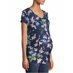 Time & Tru Women's Maternity Short Sleeve Blouse Top - Floral