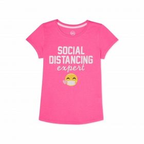 Wonder Nation Girls Distancing Emoji Trip Graphic Short Sleeve Slime T-Shirt - Pink