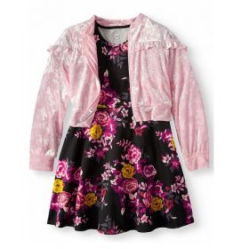 Wonder Nation Girls Dress and Floral Satin Bomber Jacket, 2-Piece Outfit Set