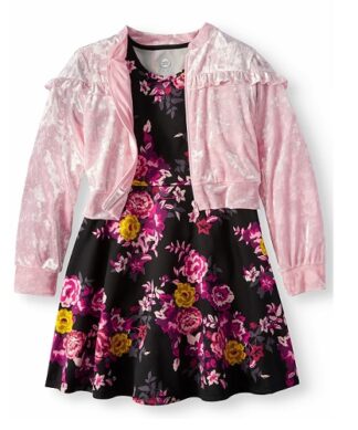 Wonder Nation Girls Dress and Floral Satin Bomber Jacket, 2-Piece Outfit Set