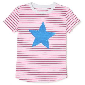 Wonder Nation Girls Embellished Sequin Short Sleeve T-Shirt - Pink Star