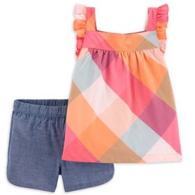 Carter's Child Of Mine Toddler Girls Flutter Sleeve Top & Shorts Outfit Set- Plaid