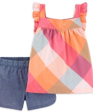 Carter's Child Of Mine Toddler Girls Flutter Sleeve Top & Shorts Outfit Set- Plaid