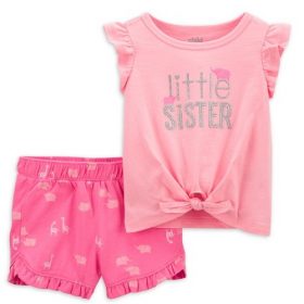 Carter's Child Of Mine Baby Girls  Tie Top & Shorts Outfit Set- Little Sister
