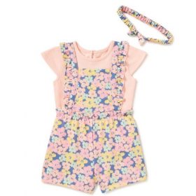 Wonder Nation Baby Girls Pinafore Overall, Top & Headband 3 Pcs Outfit Set