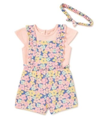 Wonder Nation Baby Girls Pinafore Overall, Top & Headband 3 Pcs Outfit Set