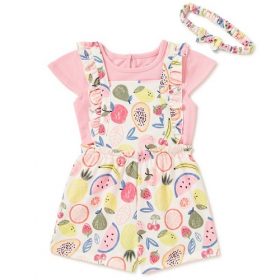 Wonder Nation Baby Girls Pinafore Overall, Top & Headband 3 Pcs Outfit Set- Pink Fruits