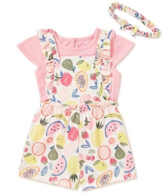 Wonder Nation Baby Girls Pinafore Overall, Top & Headband 3 Pcs Outfit Set- Pink Fruits