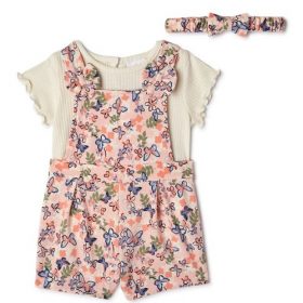 Wonder Nation Baby Girls Pinafore Overall, Top & Headband 3 Pcs Outfit Set- Butterflies)