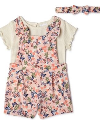 Wonder Nation Baby Girls Pinafore Overall, Top & Headband 3 Pcs Outfit Set- Butterflies)