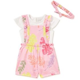 Wonder Nation Baby Girls Pinafore Overall, Top & Headband 3 Pcs Outfit Set- Leaves