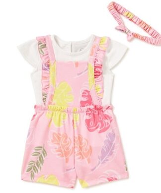 Wonder Nation Baby Girls Pinafore Overall, Top & Headband 3 Pcs Outfit Set- Leaves