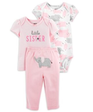 Carter's Child Of Mine Newborn Baby Girls Blouse, Bodysuit & Pant 3pc - Elephant Parade