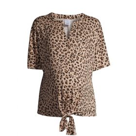Time & Tru Pregnant Women's Maternity Dolman Sleeve Tie Front Blouse Top - Leopard
