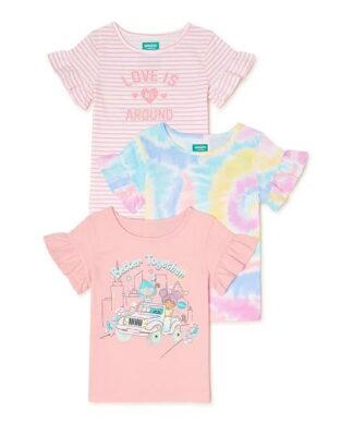 365 Kids Girls Ruffle Sleeve Multi Pack Tshirt Top - Tie Dye 3 Pack