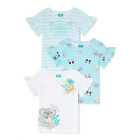 365 Kids Girls Ruffle Sleeve Multi Pack Tshirt Top - Koala 3 Pack