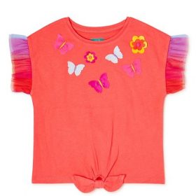 365 Kids Girls Tie Front Blouse Top With Mesh Sleeves - Orange